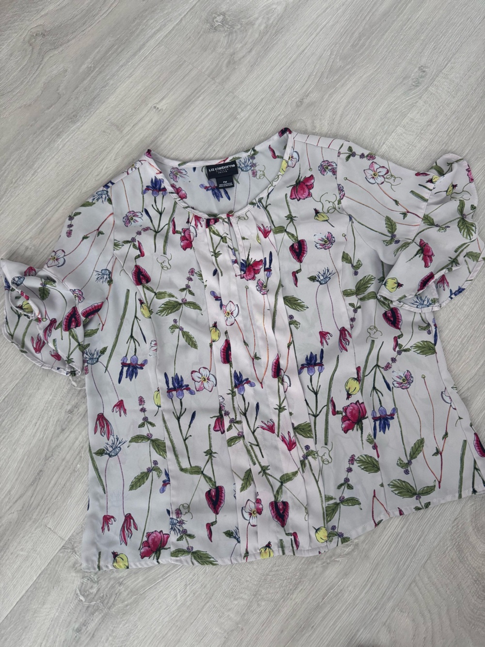 Liz Claiborne White Floral Short Sleeve Top with Pink & Blue Blooms
